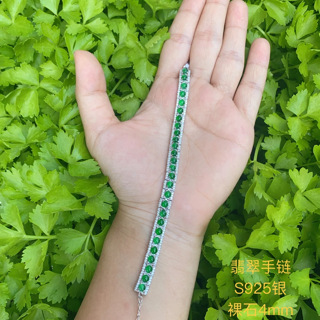 天然翡翠冰种满阳绿S925银卡4多颗蛋面女神毛毛虫手链高品质百搭