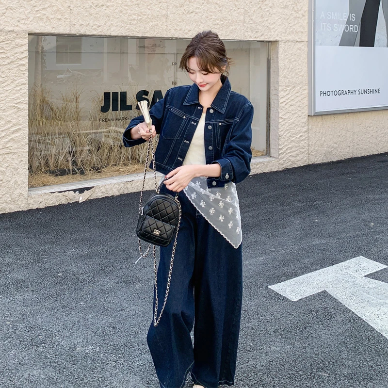 甜酷风牛仔套装裤女配丝巾2025早春新款别致独特韩系穿搭两件套潮