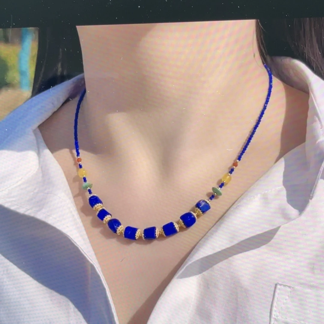 银S925镀金镶嵌青金石项链