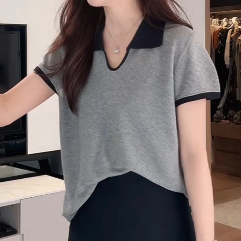 高级感灰色针织短袖t恤女2025夏季新款休闲百搭宽松显瘦薄款上衣