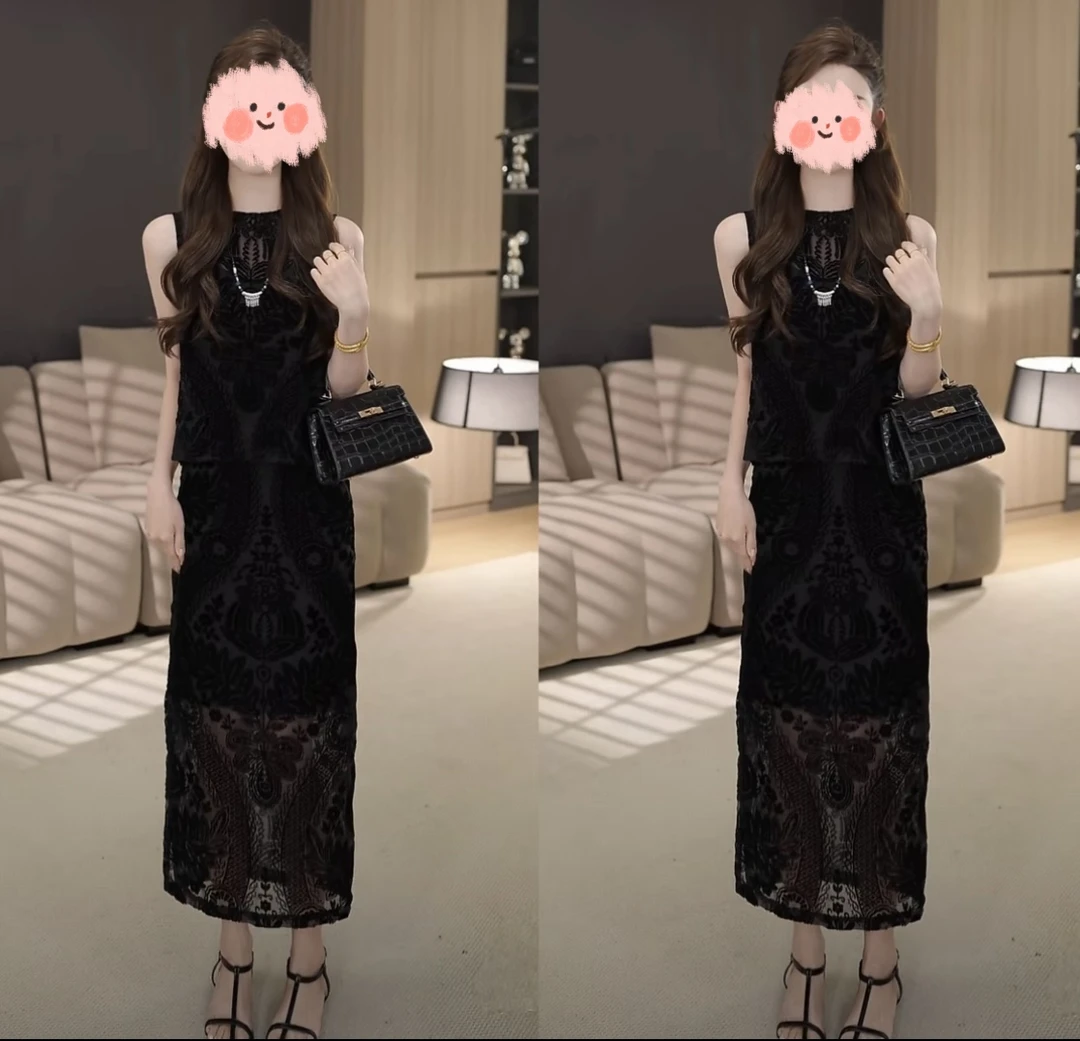 国风时尚套装性感无袖背心后扣子上衣+中长开叉半裙两件套2025夏