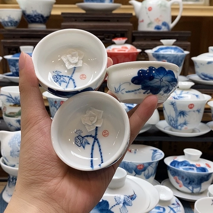 手绘浮雕杯子3个装釉下彩高温瓷微瑕福利款