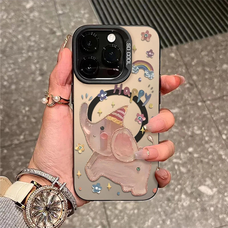 油画大象磁吸充电手机壳适用iphone16promax爆款苹果17pro可爱15p