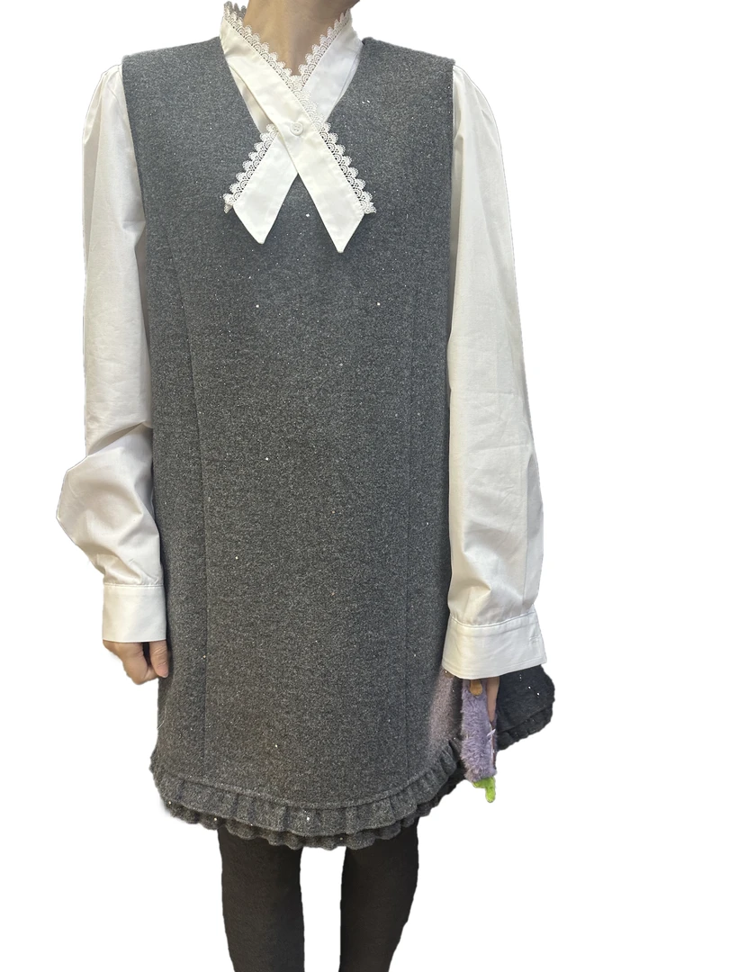 李园家2号店-1798-早春新款气质连衣裙+领带花边衬衫两件套