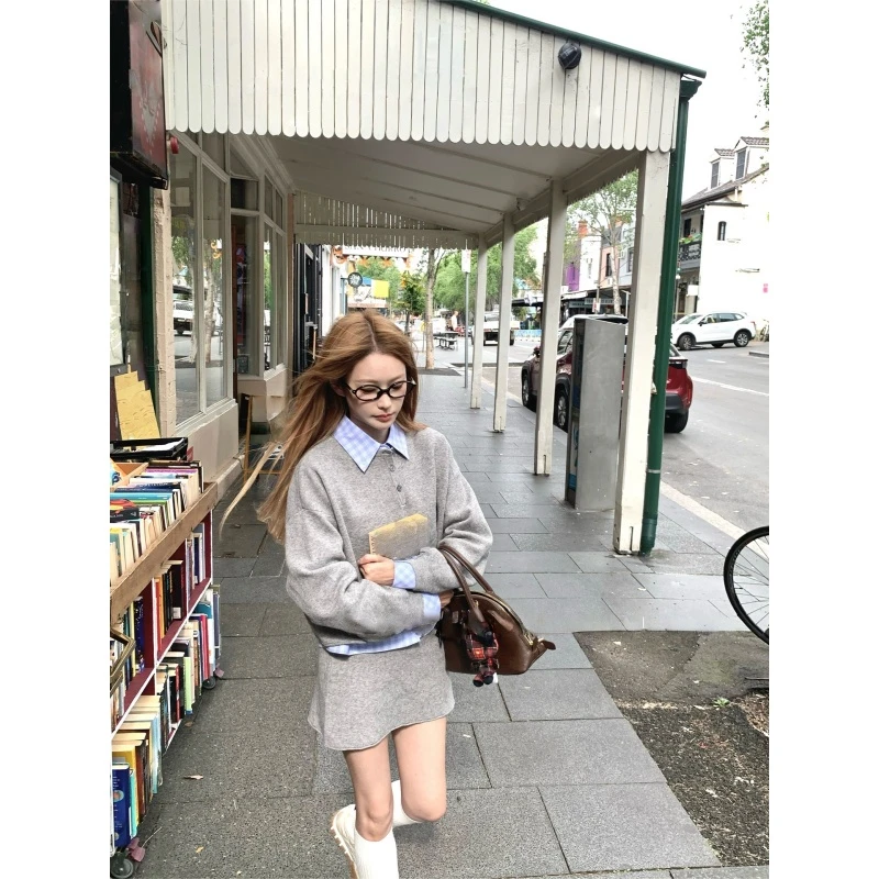 美式复古撞色拼接假两件针织衫女秋季休闲宽松百搭半身短裙两件套