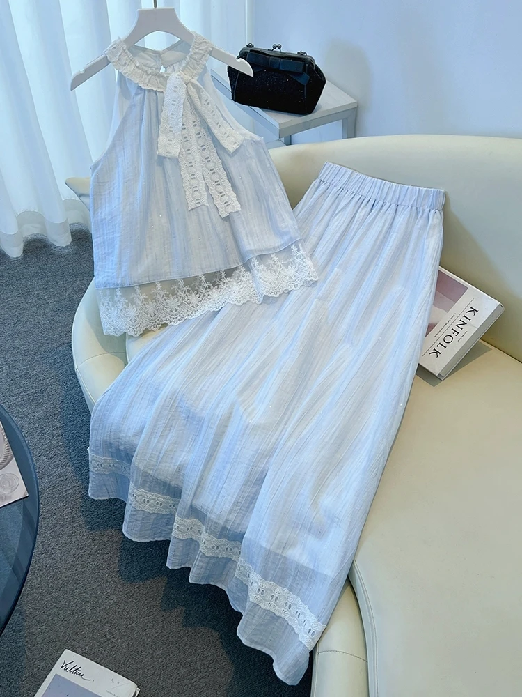 蕾丝无袖挂脖背心两件套女2025新款法式甜美超仙夏日氛围感裙子