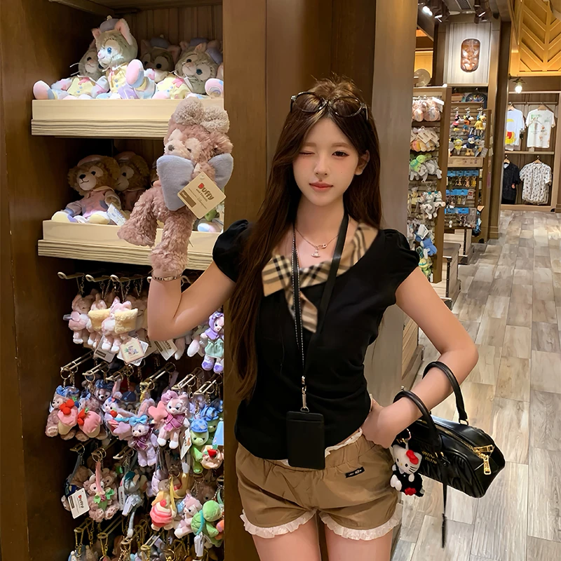 中古少女兔耳朵黑色T恤上衣卡其色灯笼裤套装女可爱shebyshj越南