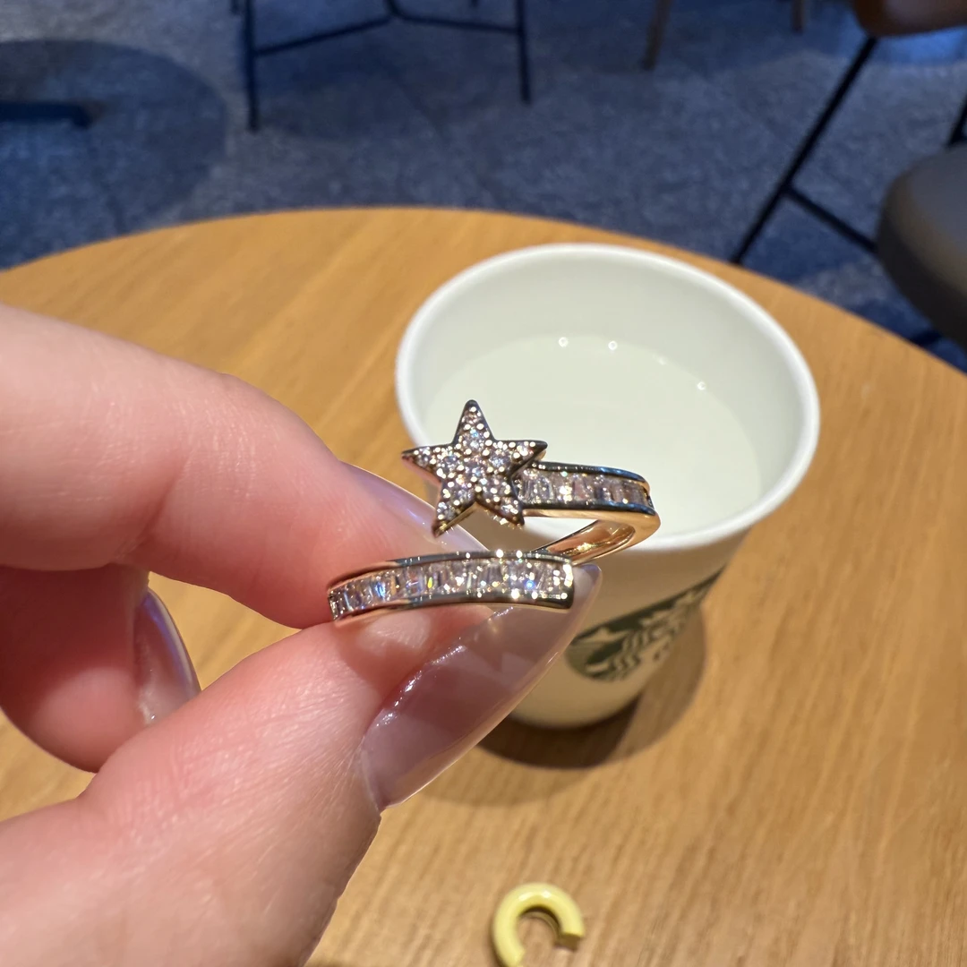 铜合金锆石戒指 玫瑰金色镀k金开口戒设计款星星双排钻女戒