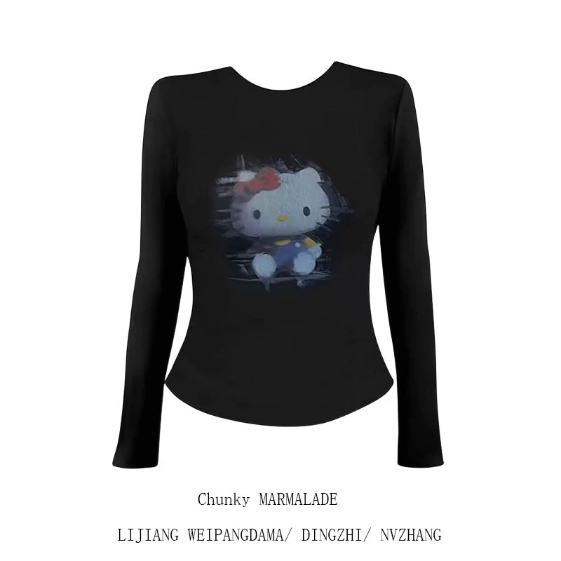 大码卡通猫印花圆领长袖T恤女装秋冬季胖mm加绒磨毛修身显瘦上衣