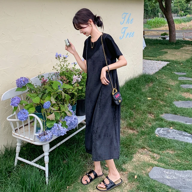 设计感吊带拼接假两件连衣裙女2025夏季新款法式复古气质轻熟长裙