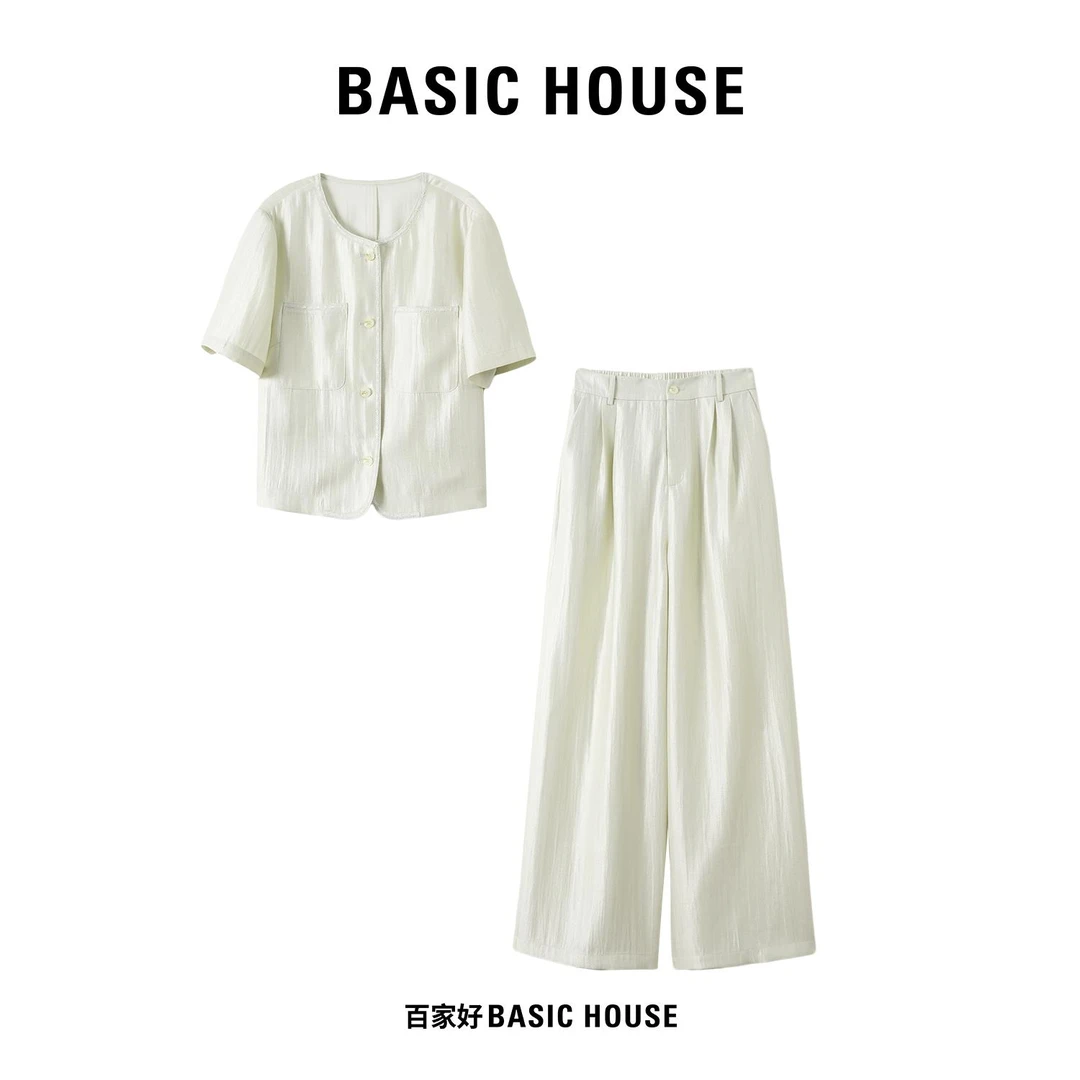 Basic House/百家好老钱休闲风时尚套装短袖简约学院小香风缎面