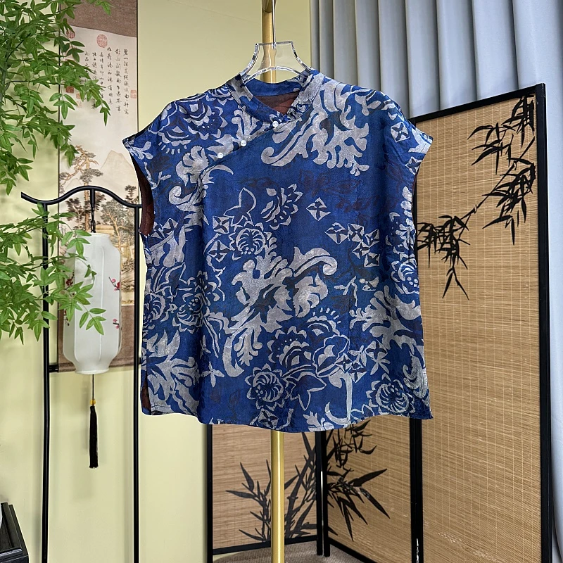 【青花瓷衬衫】新中式衬衫时尚复古宽松夏季花萝提花休闲斜襟无袖