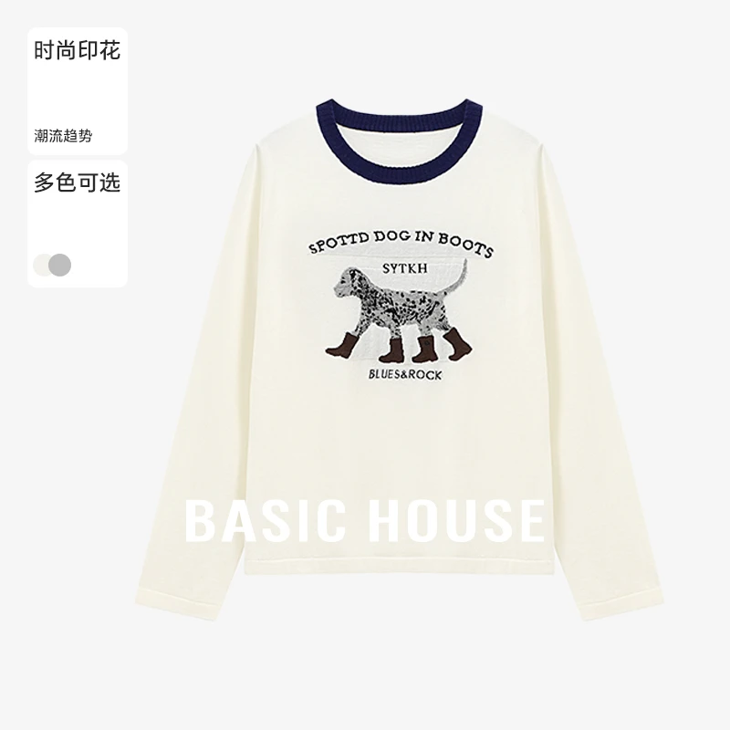 Basic House/百家好秋季纯欲慵懒风女装印花女针织衫-B0625B5KMB2