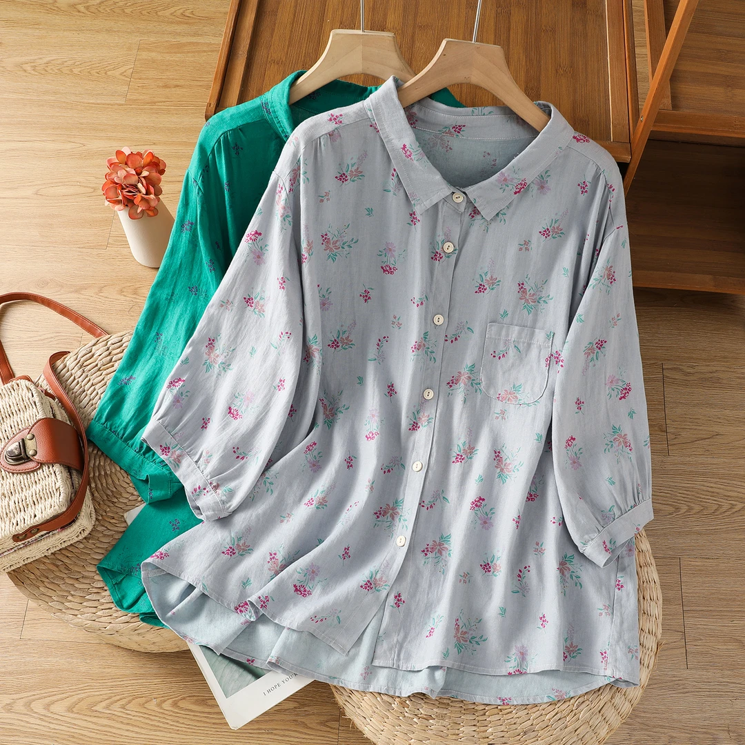 中年女士文艺复古印花棉麻衬衫七分袖夏季翻领衬衣气质轻薄款上衣