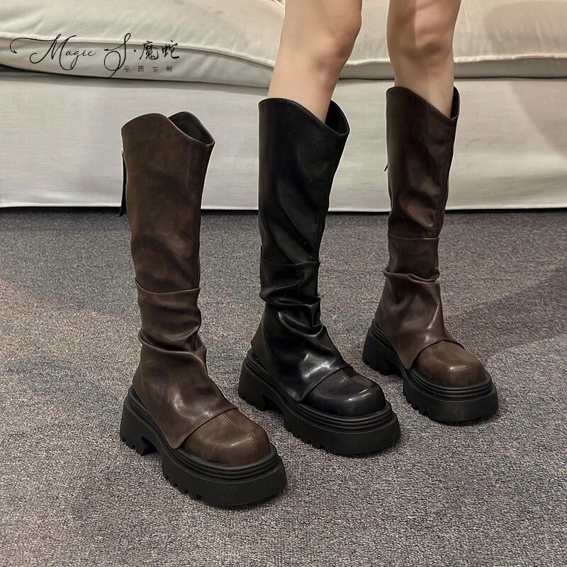 【万达撤柜】厚底长筒靴子女秋冬季显瘦高筒靴v口裤管靴堆堆靴骑士