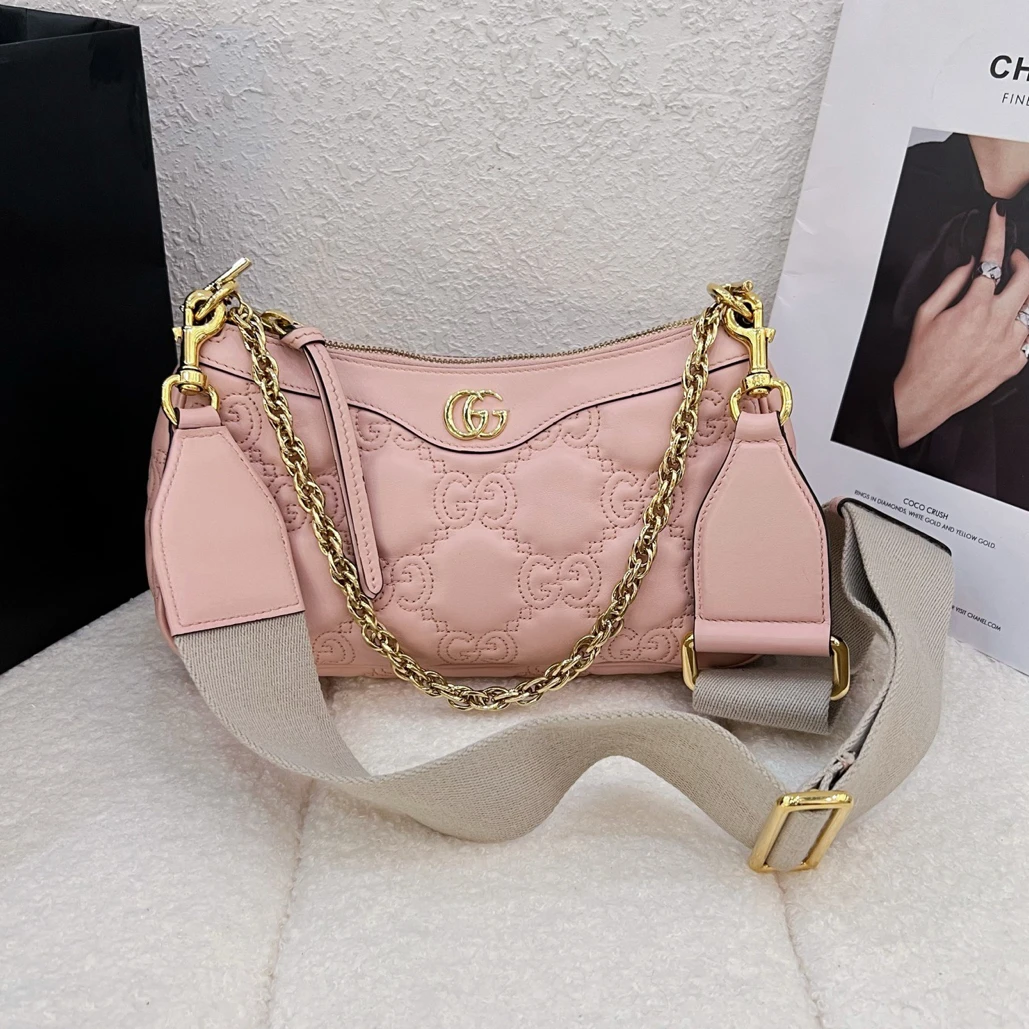 95新 GUCCI/古驰 Gucci/古驰腋下包粉色全皮浮雕老花压花设计