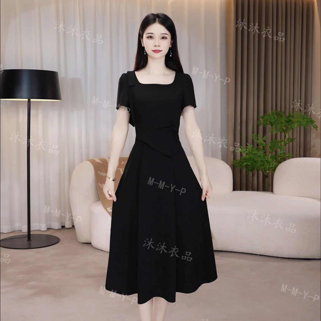短袖连衣裙显瘦气质小黑裙夏季黑色法式收腰连衣裙显瘦气质小黑裙