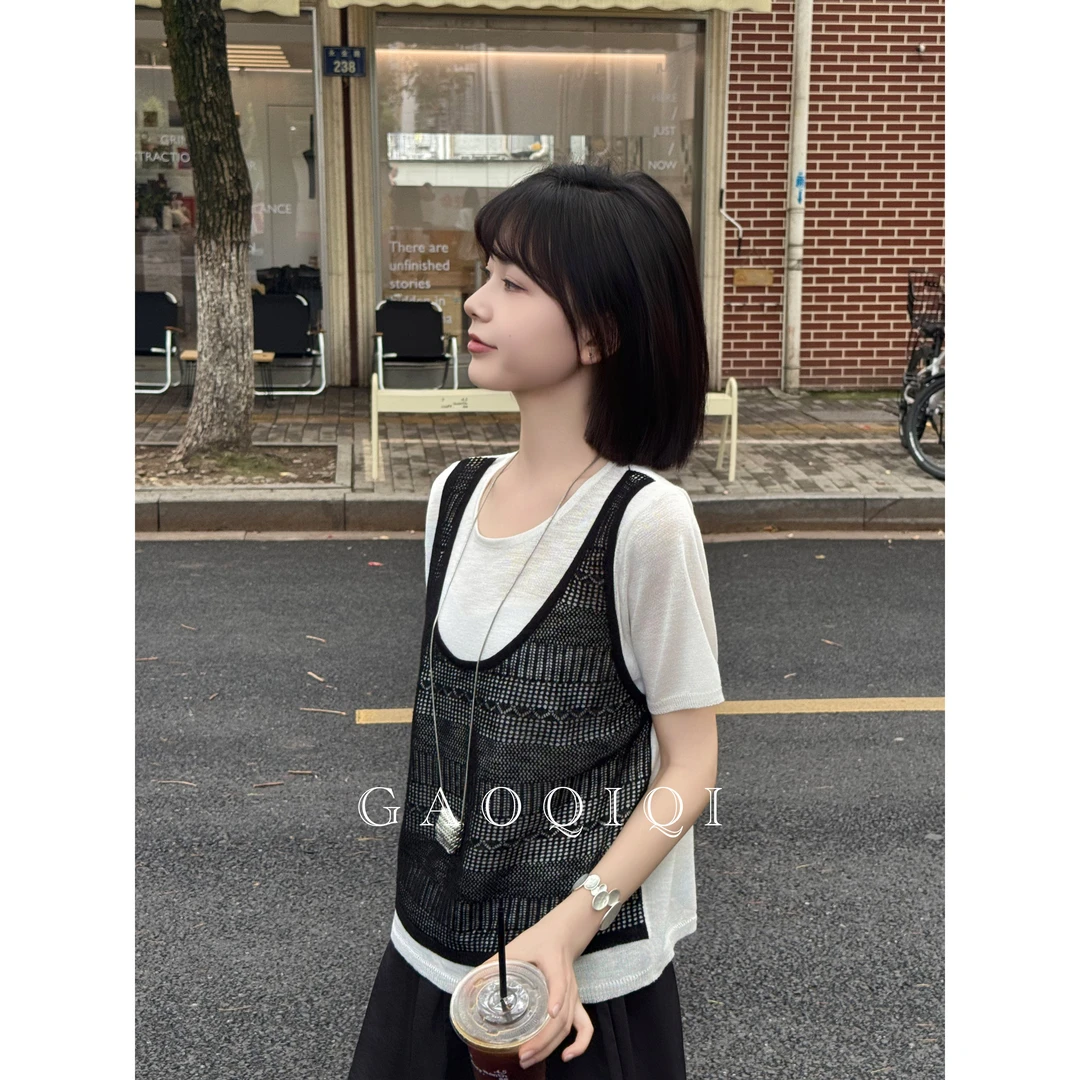 Bird高七七 夏季时尚假两件设计针织衫T恤显瘦短袖女上衣TX2013G