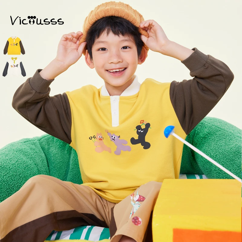viciusss童装男童卡通可爱翻领卫衣个性春秋新品儿童拼色上衣洋气