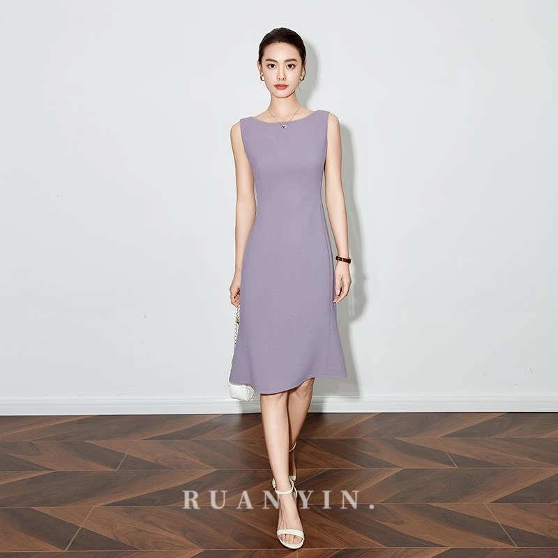 阮音2025新款女夏季职业通勤高级裁剪气质烟紫色无袖圆领中长裙子