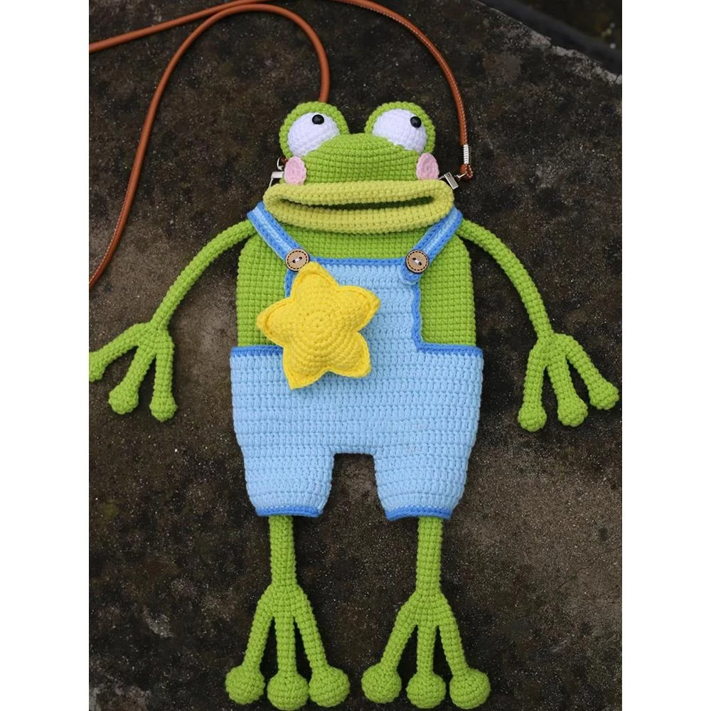 毛线钩针大嘴青蛙手机包diy自制材料包手工钩织丑萌亲子斜挎包