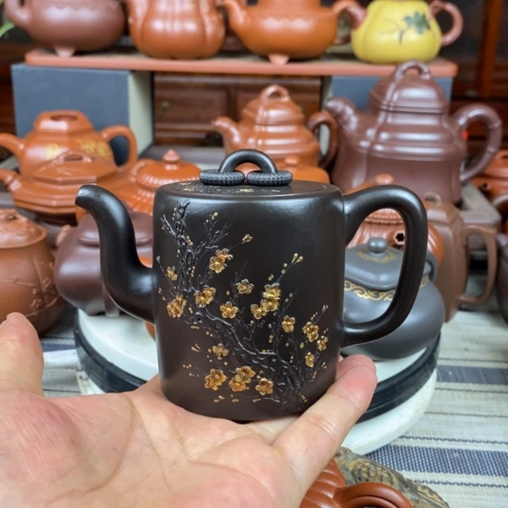 茶壶紫砂双圈240cc原矿赵庄朱泥捂灰、堆花描金工艺特价