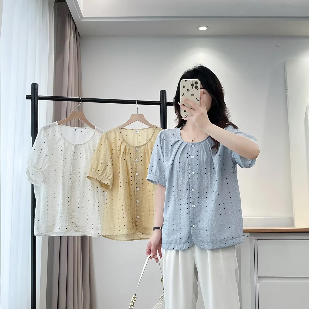 夏季大码女装胖mm显瘦遮肚圆领波点短袖宽松休闲衬衫