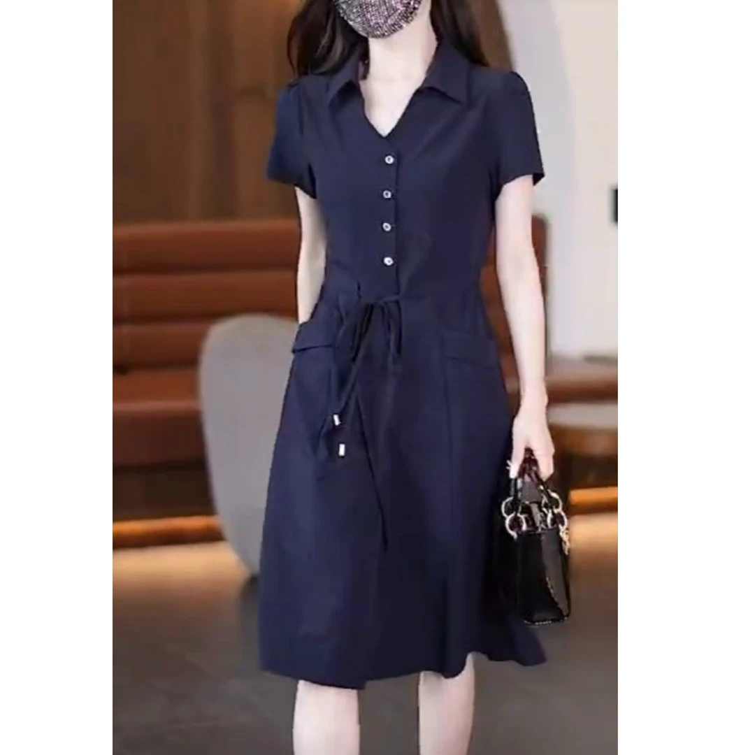 时尚连衣裙女2025夏季新款短袖收腰显瘦气质中长款裙子潮908#