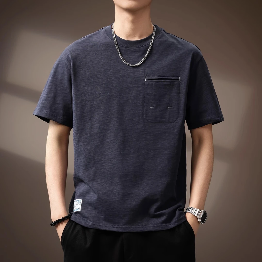 Cebrodz高端肌理T恤男美式复古圆领短袖夏季新款宽松大码口袋体恤