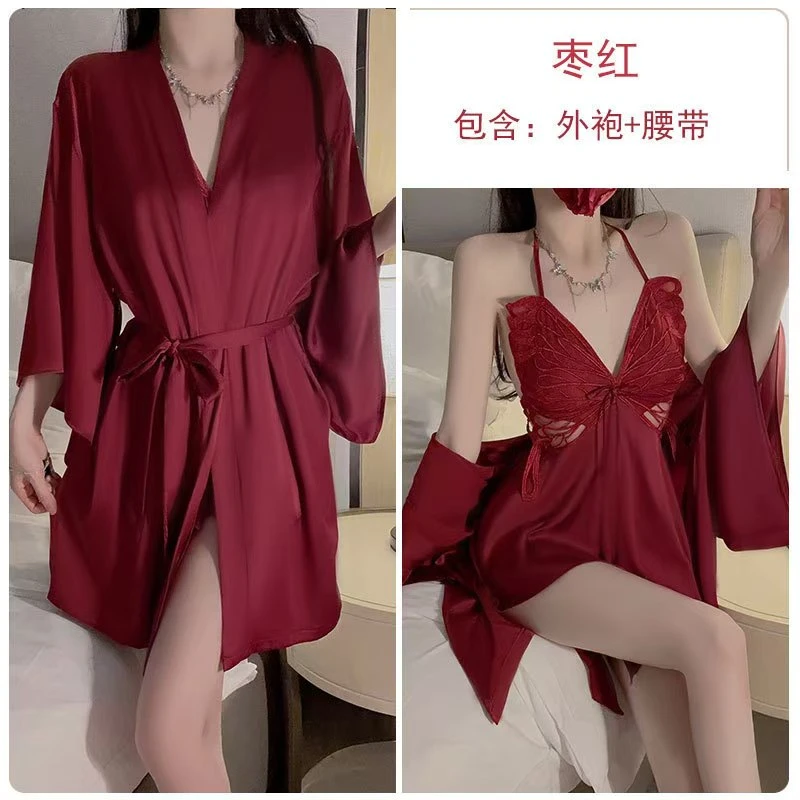 新品无袖冰丝睡裙外袍性感套装镂空美背挂脖睡衣