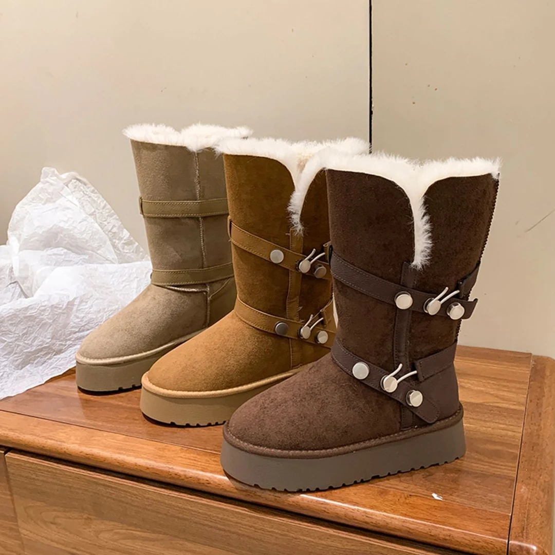 UHCK2025新保暖款雪地靴女厚底扣带两穿毛毛靴加绒加厚东北旅游高