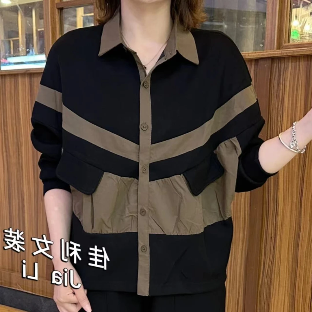 2024秋季新款衬衫女韩版设计感拼色宽松休闲蝙蝠袖遮肉开衫上衣女