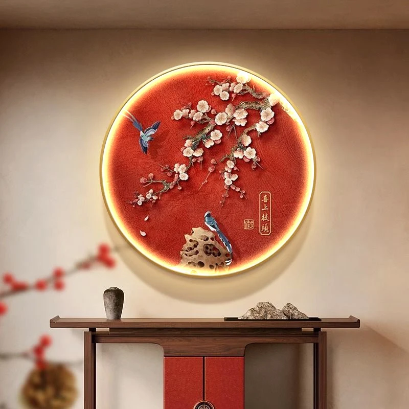 新中式喜上枝头玄关装饰画客厅圆形灯画过道走廊挂画餐厅茶室壁画