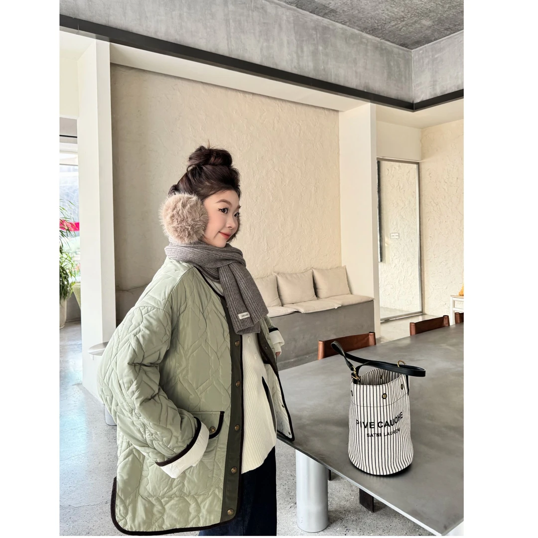 【自在零压感！】宽松菱形格撞色拼接包边圆领显瘦棉服外套