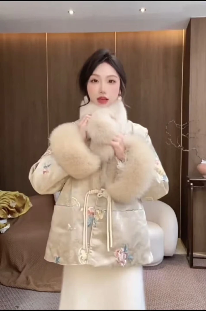 富贵拜年款新中式V领宋锦绣花羽 绒可拆卸真狐狸袖毛无围脖009-2#