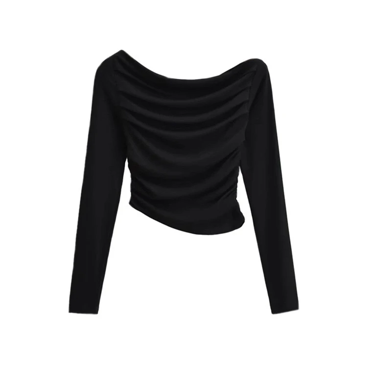 【悦己】法式辣妹下摆不规则修身褶皱上衣小心机一字领露肩性感T恤