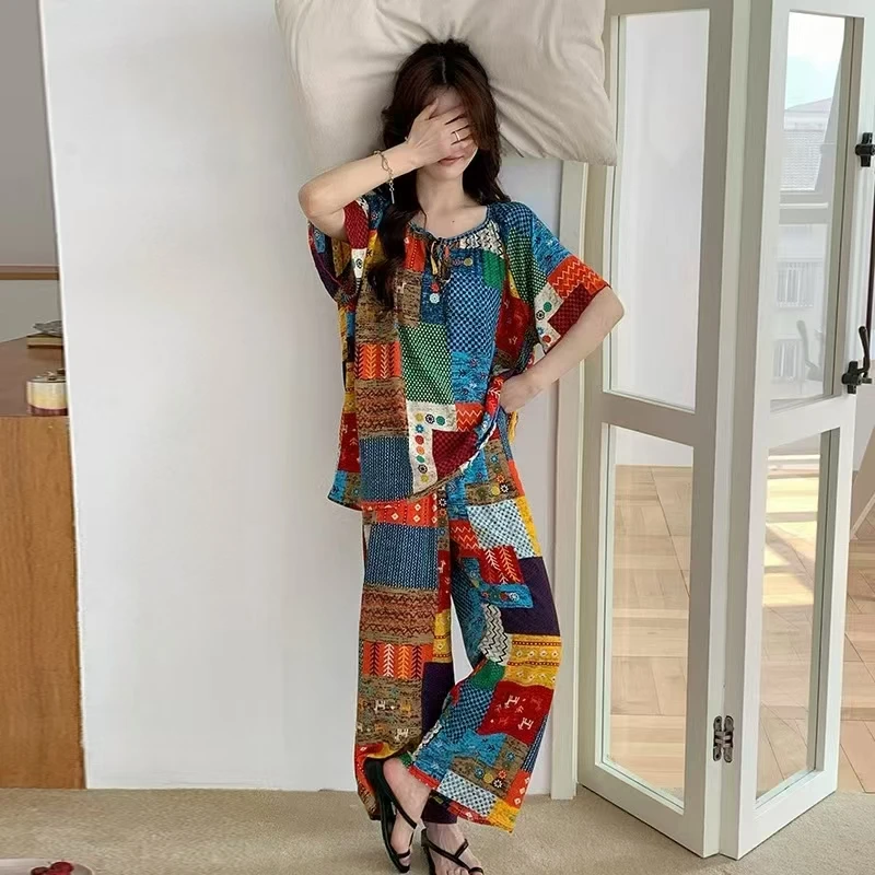 2025新中式棉绸睡衣女春夏季新品薄款印花短袖长裤家居服套装