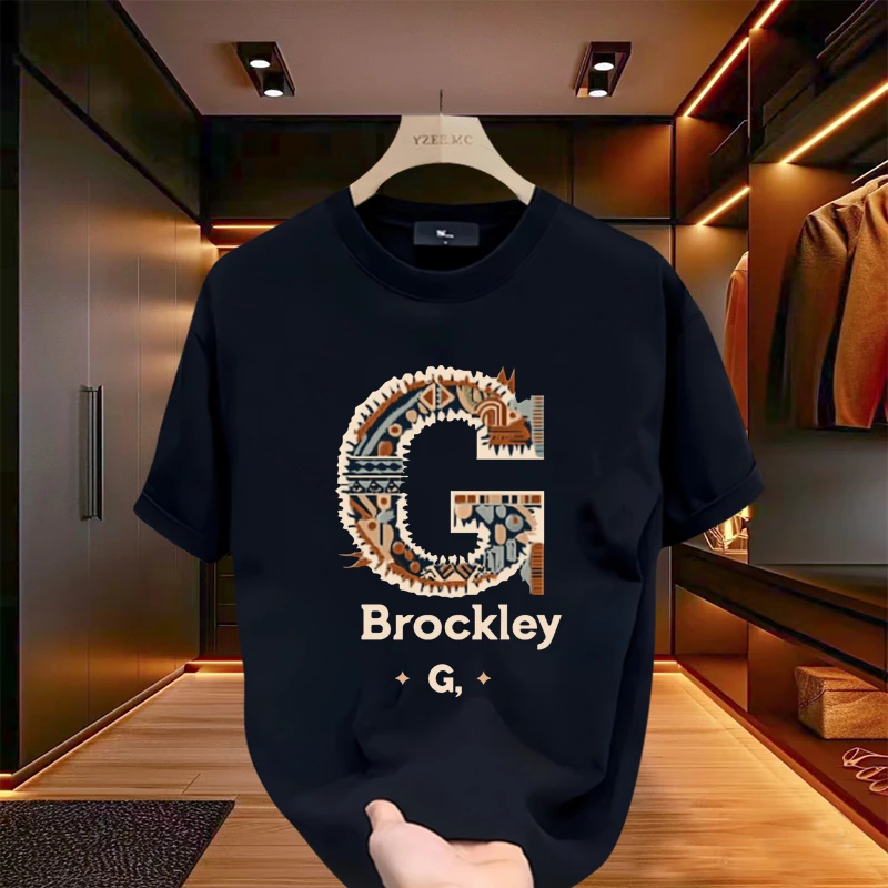 男士新款休闲装2025夏季新款时尚轻奢重磅纯棉短袖男t恤潮牌印花