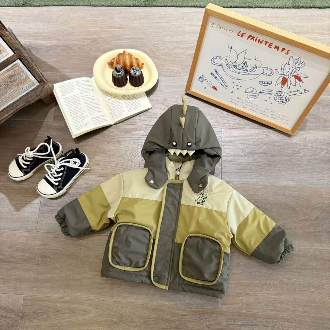 儿童冬季卡通刺绣小恐龙拼色加棉外套H1816