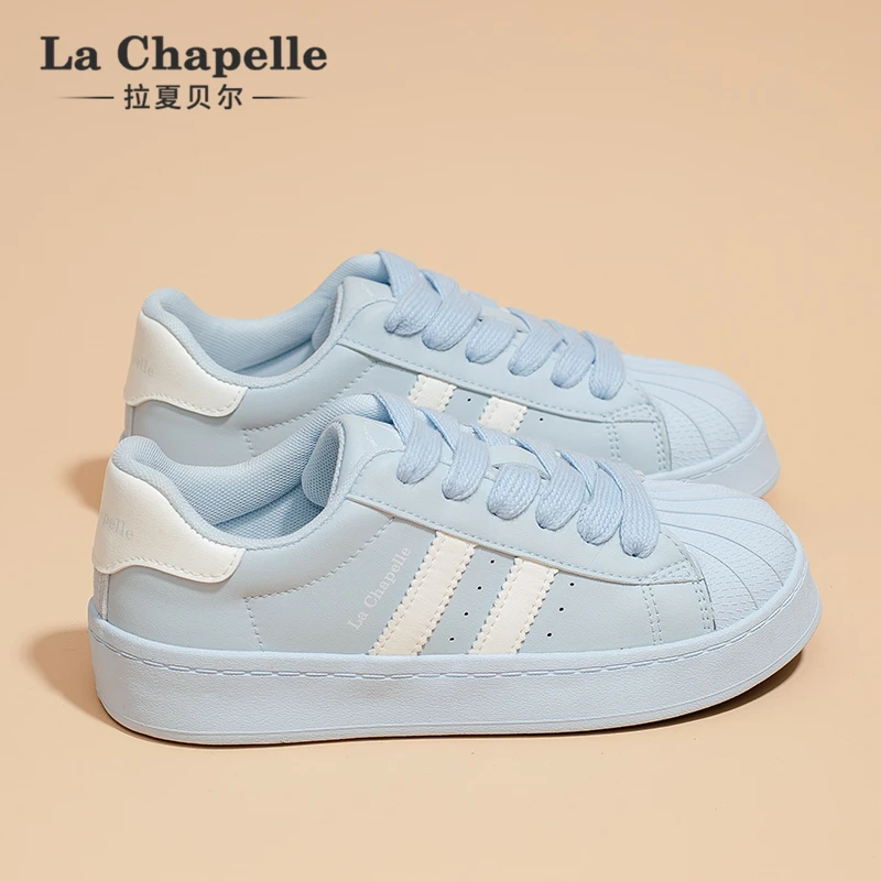 拉夏贝尔蓝色贝壳头板鞋女2025新款春季爆款透气时尚百搭小白鞋子
