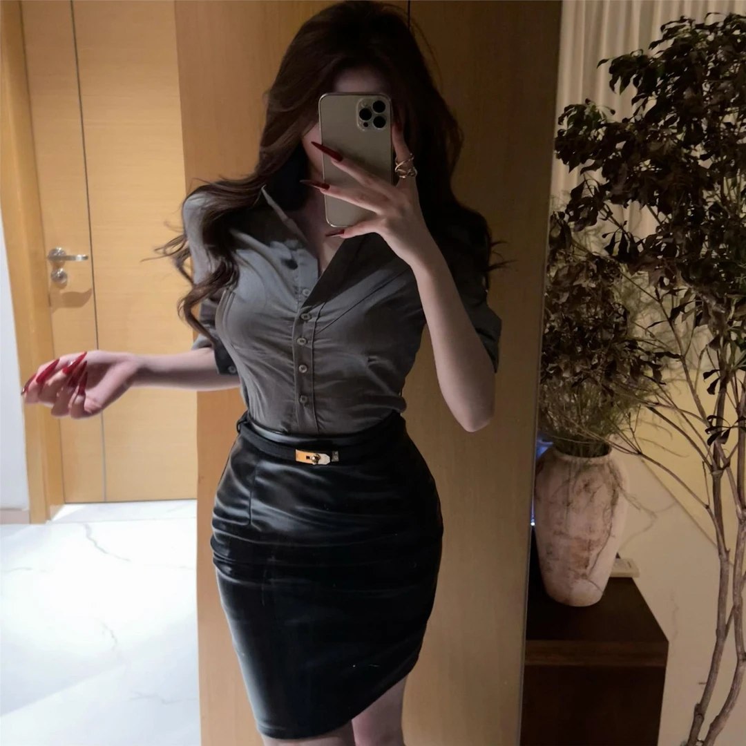 JK制服御姐风高腰显瘦衬衣套装2025春秋新款职业通勤V领秘书纯欲