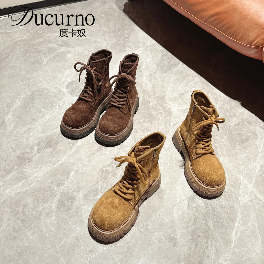 DUCURNO厚底增高真皮马丁靴女短筒骑士靴ins风小短靴前系带大黄靴