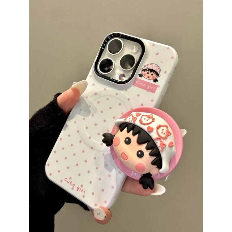 卡通粉波点猫咪小白帽樱桃小丸子适用iphone16promax苹果15手机壳