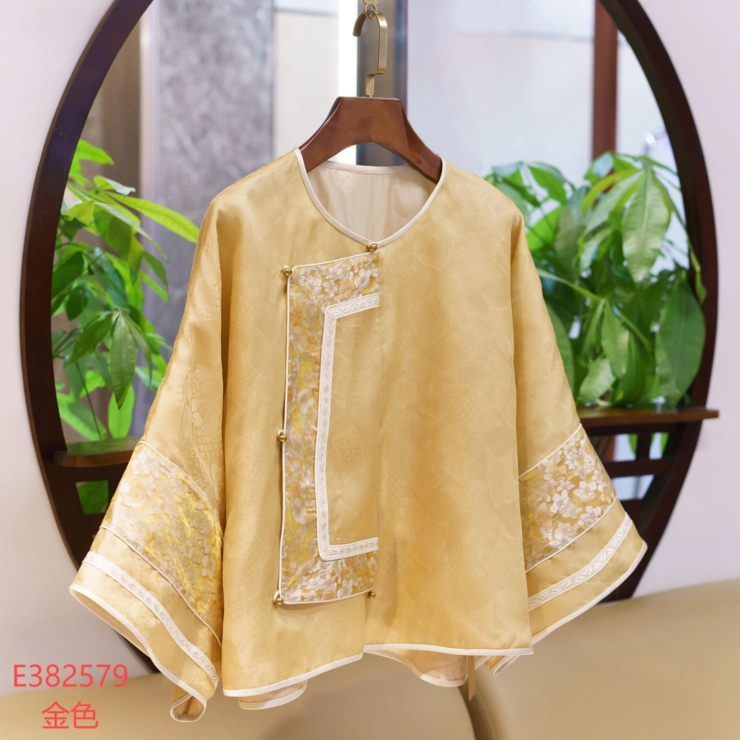 【锦系~新款】真丝欧根纱提花新中式桑蚕丝圆领斜襟长袖外套-382579