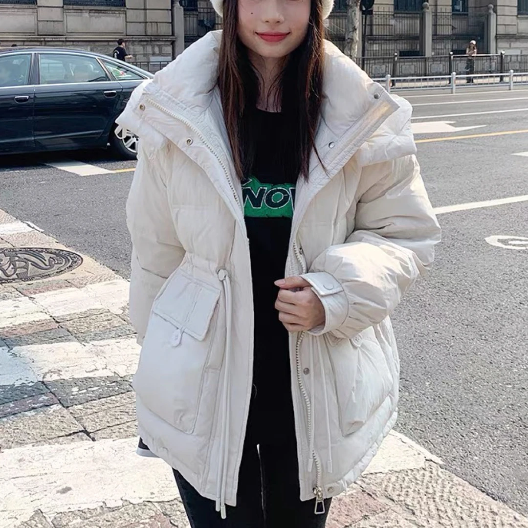 A001抽绳收腰中长款女款2024新款冬季米白色小个子连帽修身外套