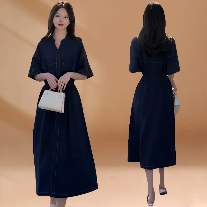 时尚简约通勤短袖连衣裙女2025年夏季新款设计感宽松直筒显瘦裙子