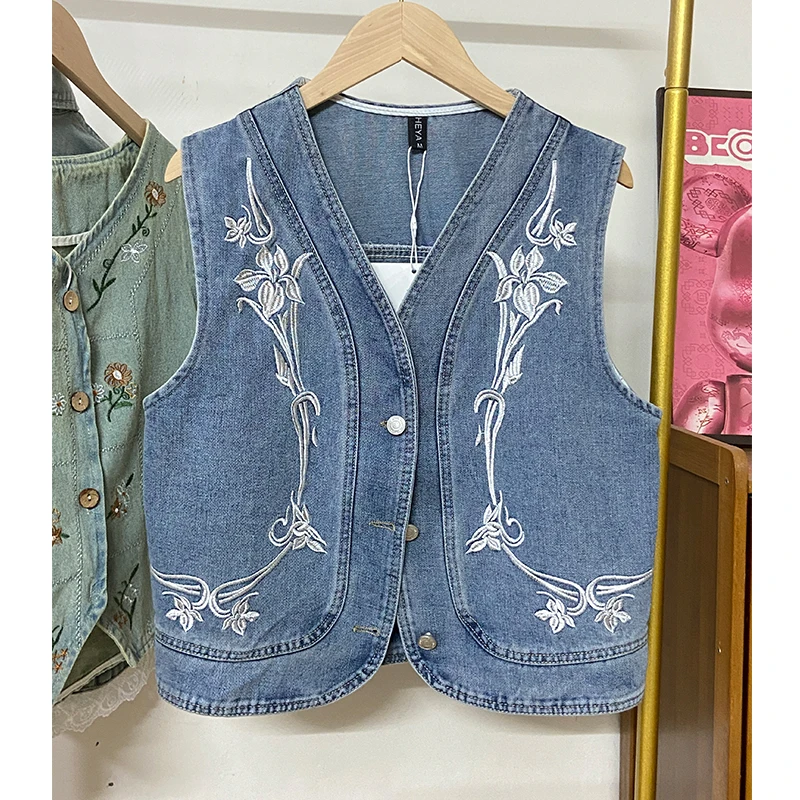 时尚刺绣牛仔马甲短外套女春夏新款洋气漂亮坎肩马夹背心上衣百搭