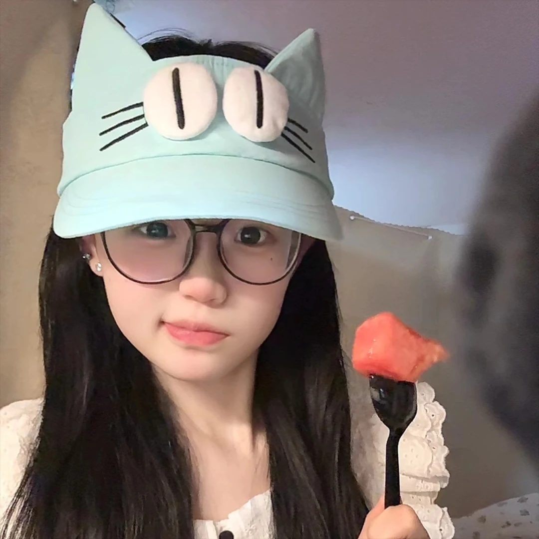 可爱大眼萌猫耳朵空顶女夏季小众百搭显脸小遮阳鸭舌帽小猫帽子系