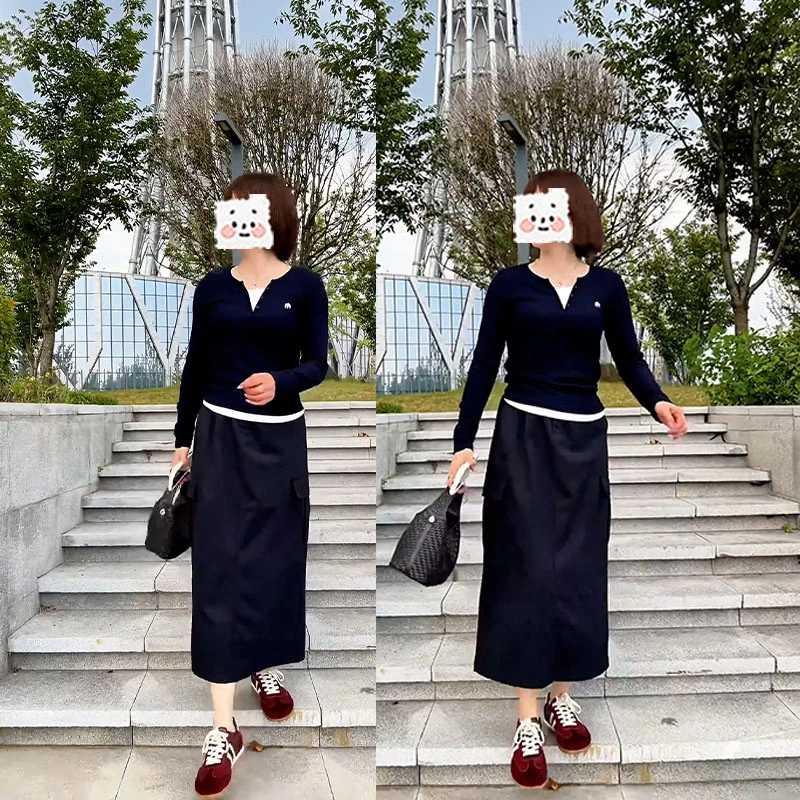 2025秋季新款设计感时尚百搭假两件长袖上衣女休闲半身裙两件套