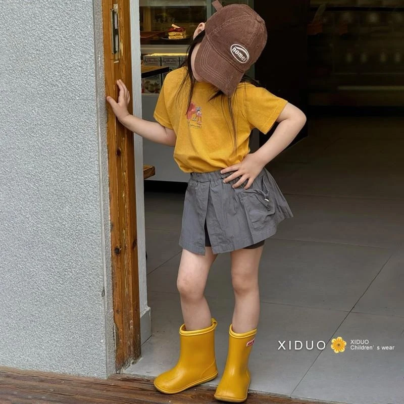 韩国女童短袖T恤2025新款女孩洋气卡通印花圆领薄款夏装纯色套装